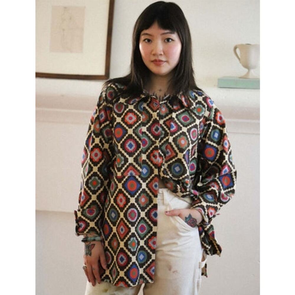 NOBLE Sz XL Adult Collared Shirt Granny Print Top Light Jacket Shacket